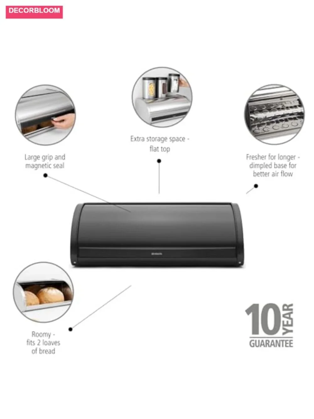 Large Roll Top Bread Box, Metal Alloy Steel, Magnetic Closure, Storage for 2